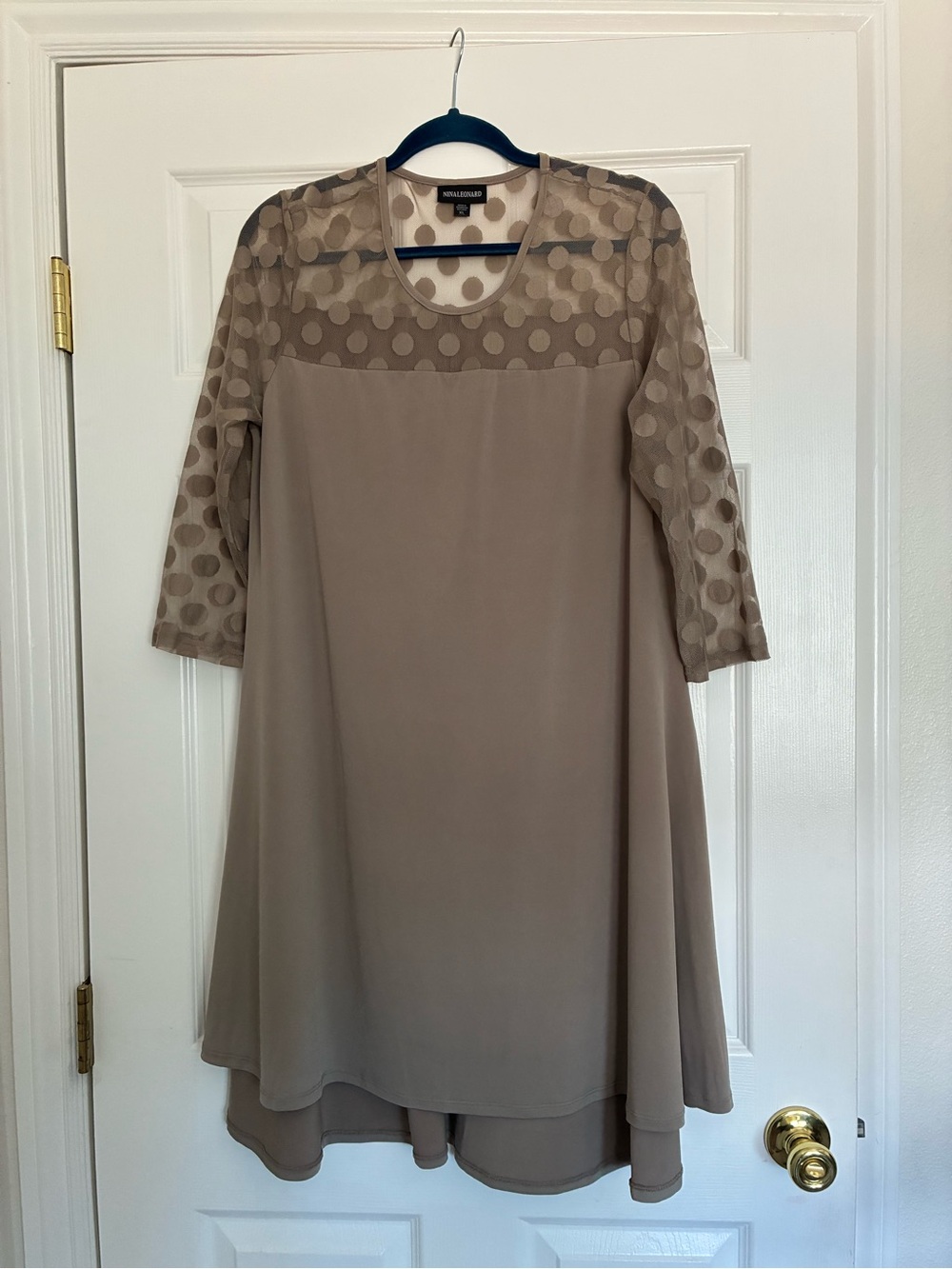 Nina Leonard Taupe Polka Dot Mesh Yoke Midi Dress